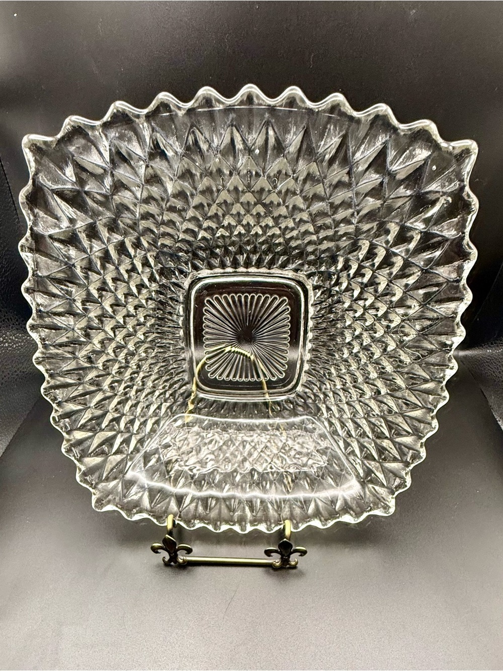 Vintage Indiana Glass Diamond Point Clear Square Ruffled Candy Dish